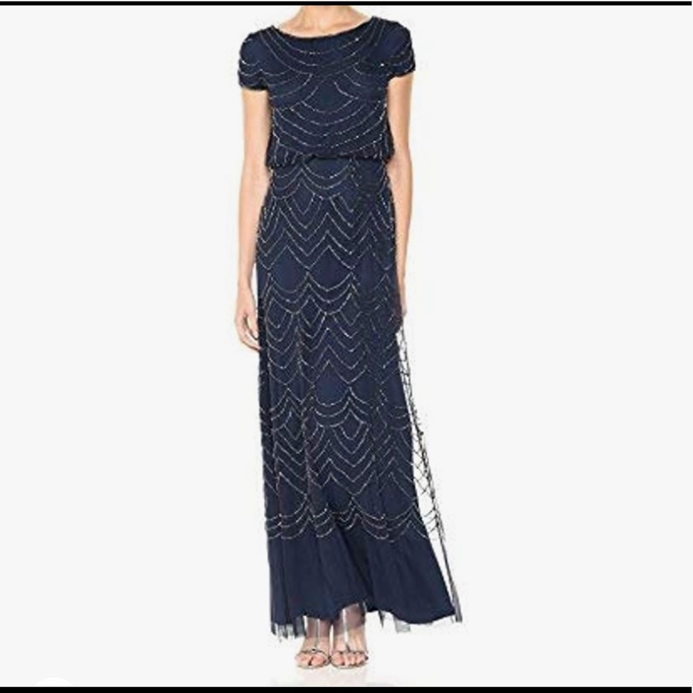 Adrianna Papell Navy Beaded Maxi Dress